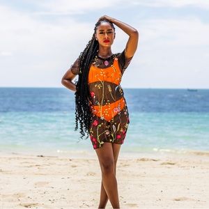 Black Mesh Swim coverup with embroidered floral design